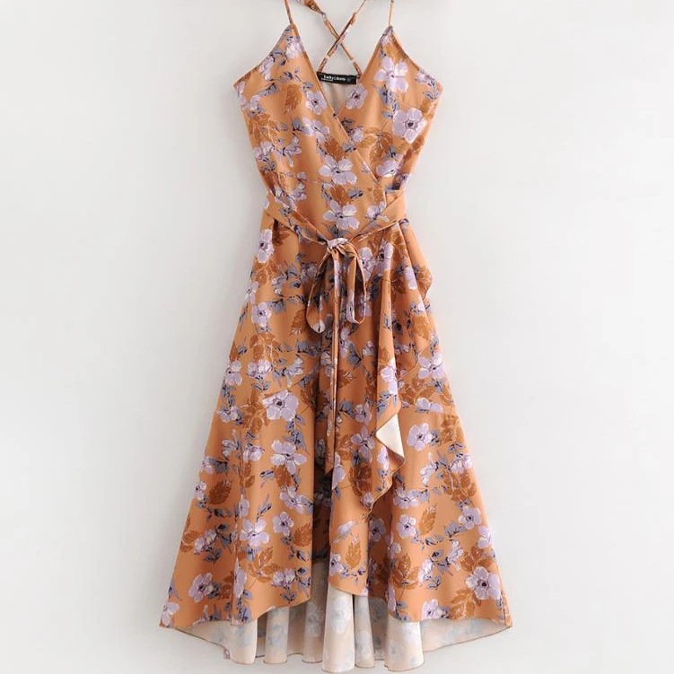 

2019 summer floral Custom printed Sleeveless lace women beach dress, Orange