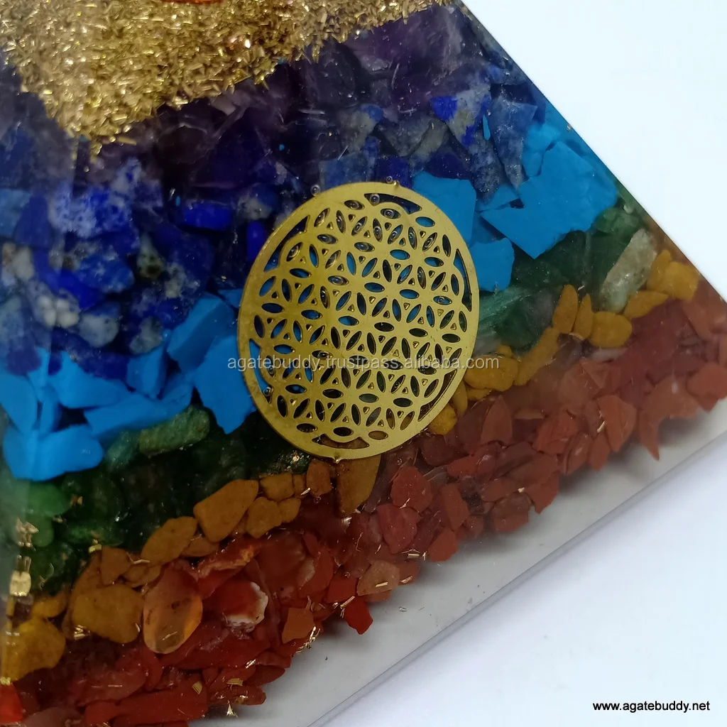 Seven Chakra Orgonite Pyramid with Flower of Life Disc / Orgone Pyramid