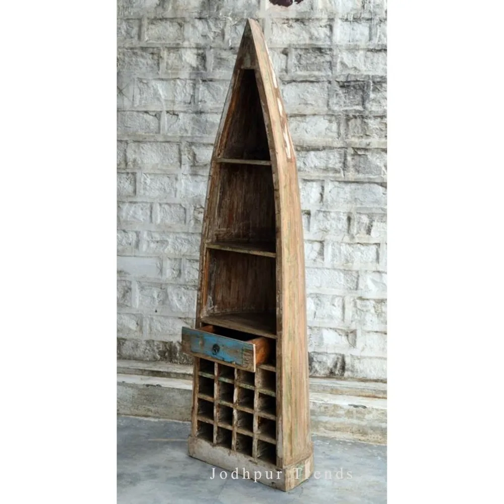 Rustic Reclaimed Wood Boat Style Bookshelf With One Drawer Bookcase