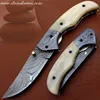 Handmade Damascus Folding Knife Liner Lock Camel Bone Handle