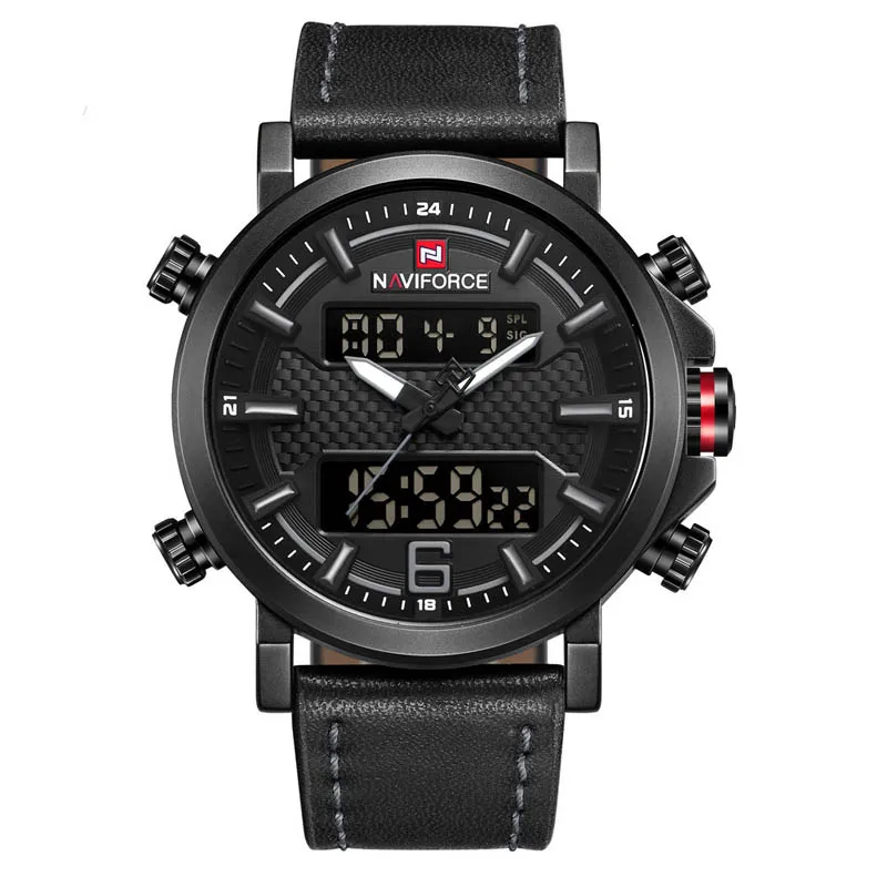 

NAVIFORCE-9135 Popular Delicate Sport Mens Watches Leather Strap Luxury Hand Double Quartz Black Watch for Men, Mix color