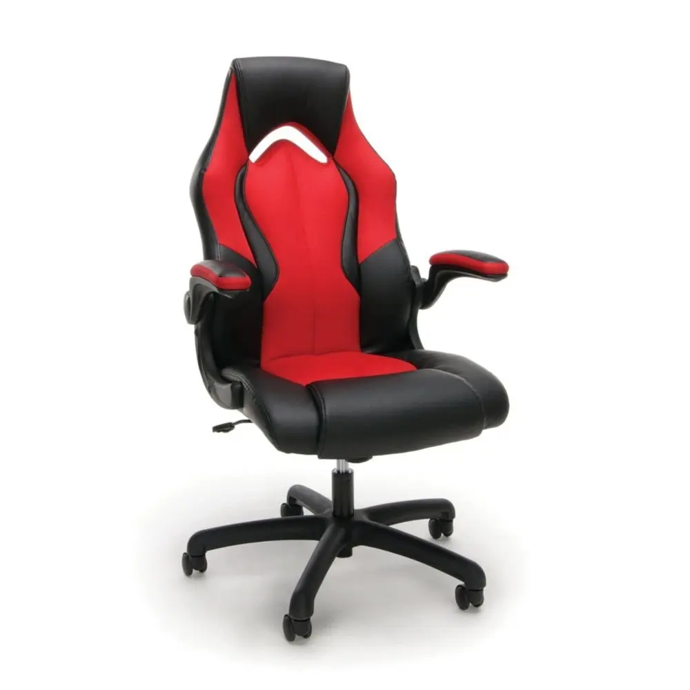 Essentials High Back Gaming Chair in Faux Leather Dimensions: 28.125"W x 29.25"D x 44.50"H Seat Dimensions: 20"Wx18.875"Dx17-20.75"H Black Faux Leather/Red Fabric/Black Base