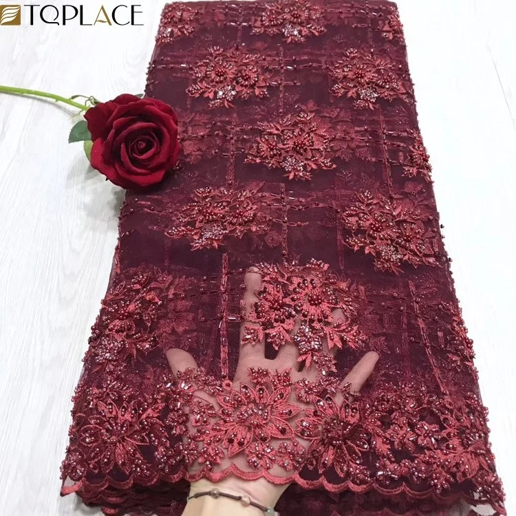 

Wine Color French Lace Beautiful African Tulle Lace Embroidered 2019 Nigerian Mesh Lace Fabric With Tube Beads For Wedding