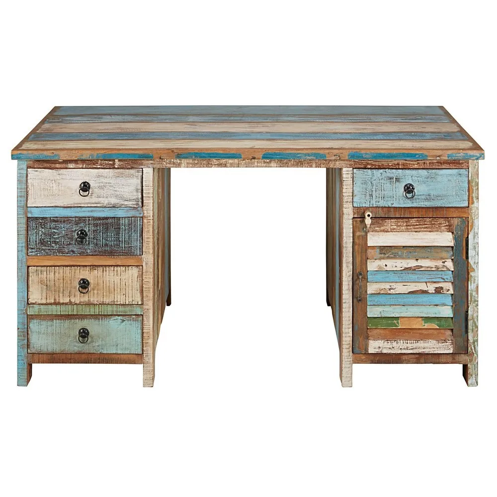 Indian Industrial Reclaimed Wood Multi Drawer Study Table Office