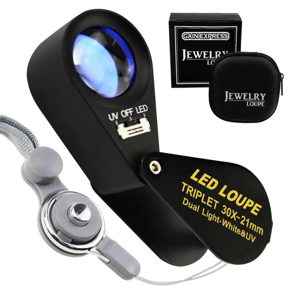 

30x Magnification Jewelry Gem Loupe 21mm Optical Glass with UV & 6 LED Light Black Frame Design Metal Body