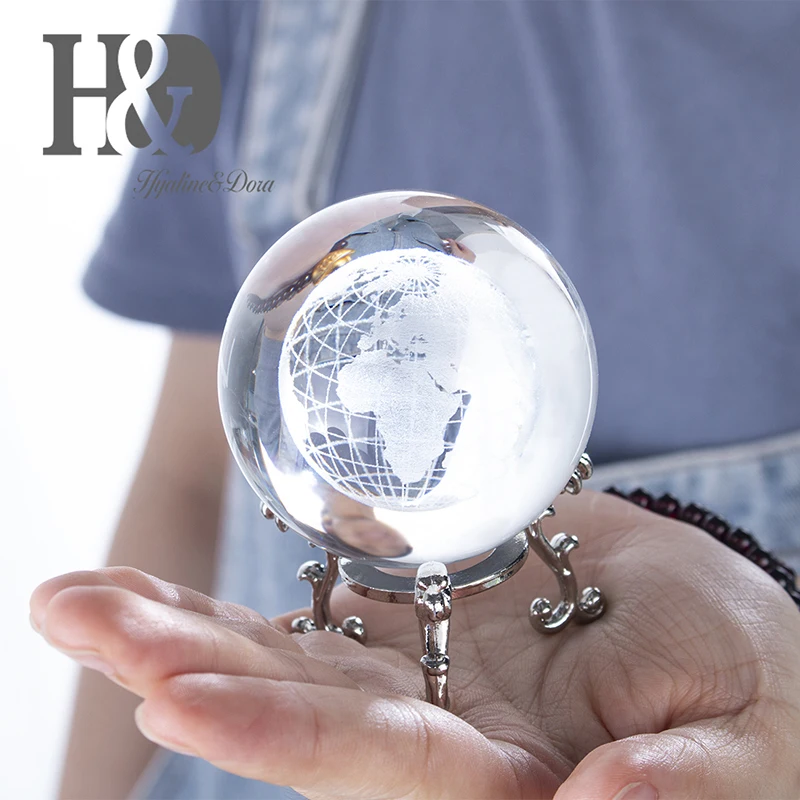 Handd World Globe Crystal Ball Glass Sphere Display Paperweight Healing Meditation Ball With Metal 8174