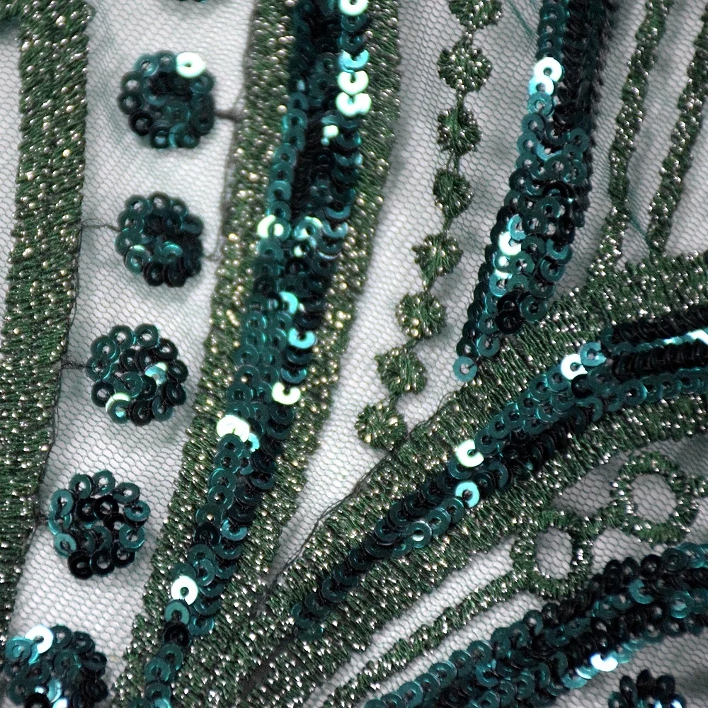 
newest dark green sequin net embroidery fabric embroidery tulle lace wedding lace fabric with beads HY0721-2 