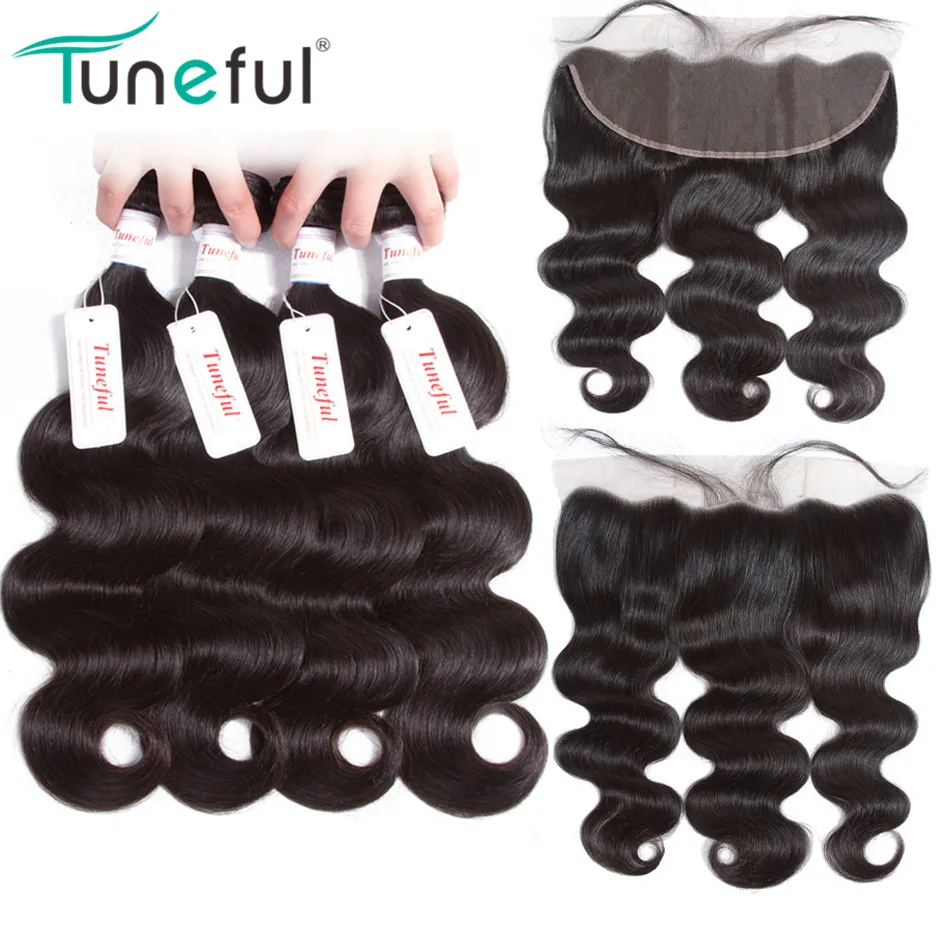 

Body Wave Hair Bundles With Frontal Tuneful 100% Brazilian Remy Human Hair Weft Pre Plucked Lace Frontal Closure With 4 Bundles, N/a