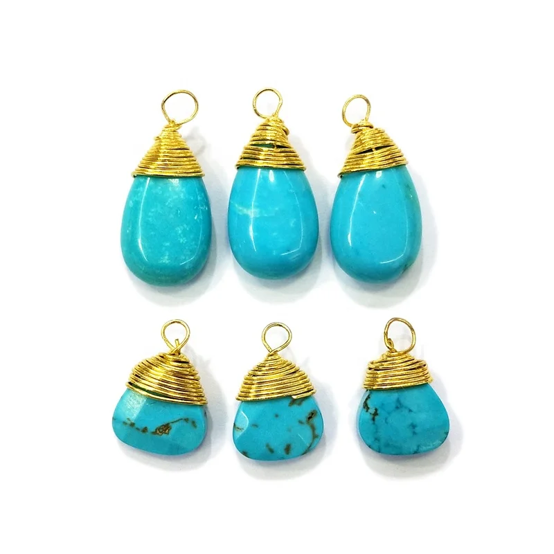 

Wholesale tiny natural turquoise pendant gold plated wire wrapped charms for necklace making teardrop pear shape beads, Blue