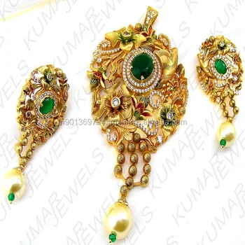 Designer Latest Gold Plated Fine Emerald Color Cz Stone Pearl Drop