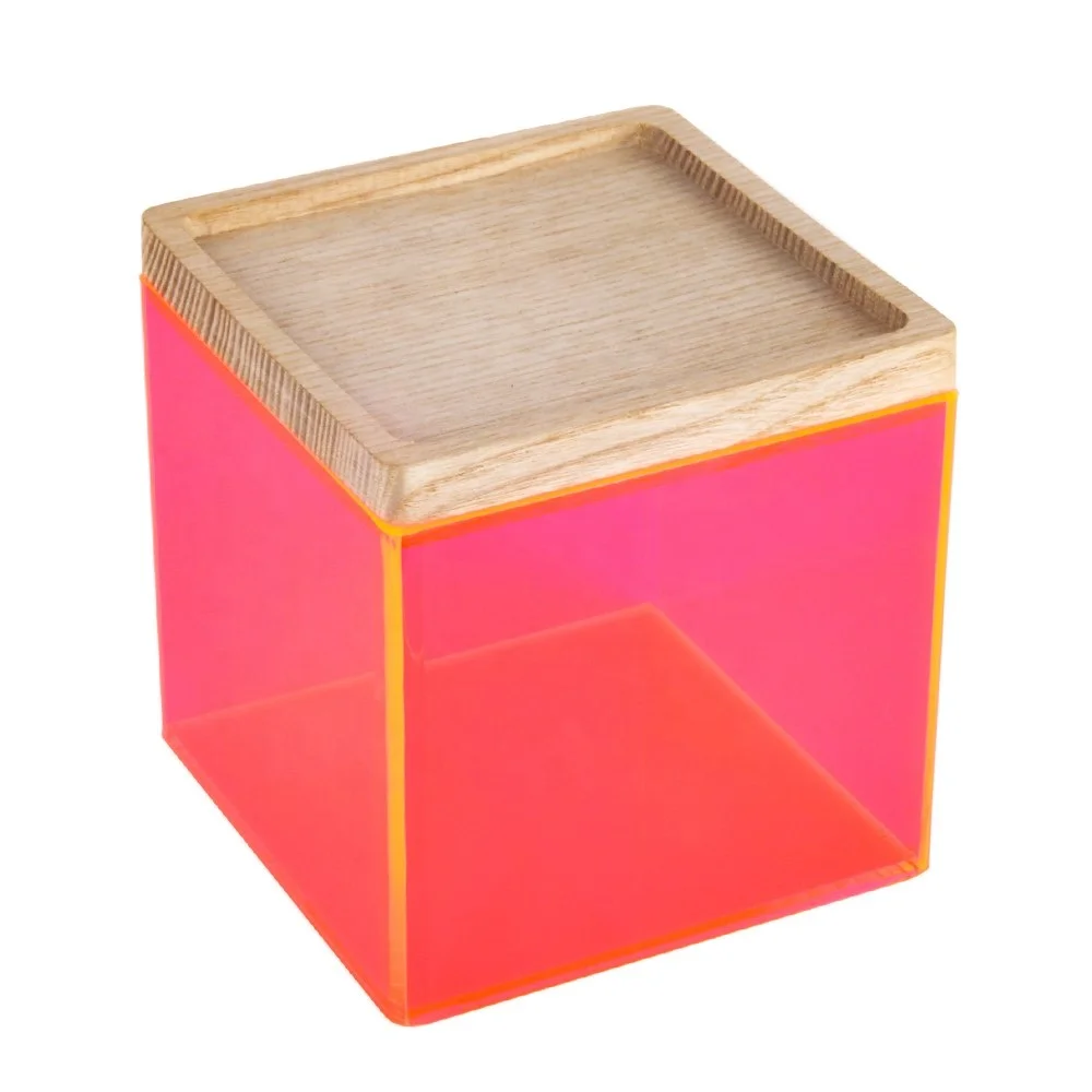 

Transparent neon pink color acrylic square storage organizer candy box with wooden lid, Neon pink + natural wood