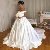 

Simple Elegant A Line Satin Wedding Dress 2019 Off Shoulder Chapel Train Bride Dress Long Plus Size Vestidos de novia