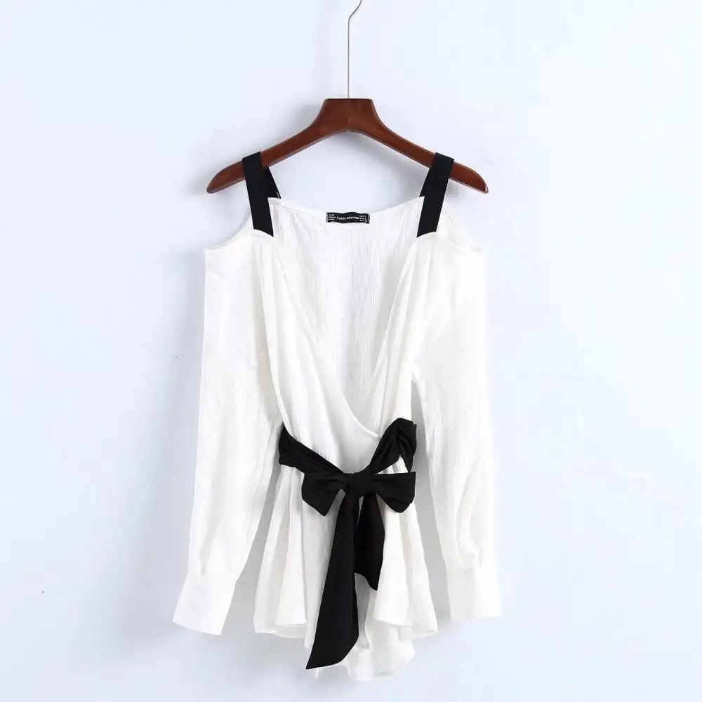 

Women's wild style contrast design strapless long sleeves lace shirt, White