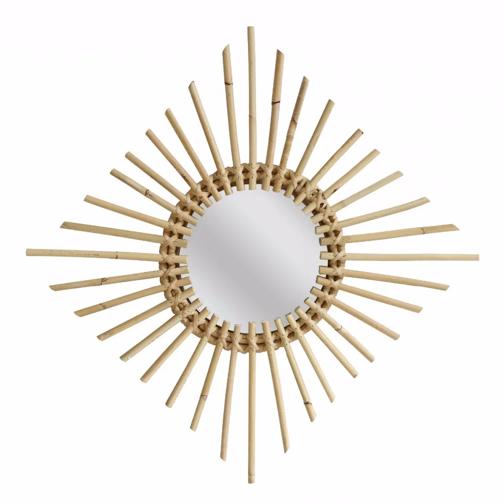 Vietnam Handmade Natural Color Sunshaped Rattan Wall Mirror For Kids