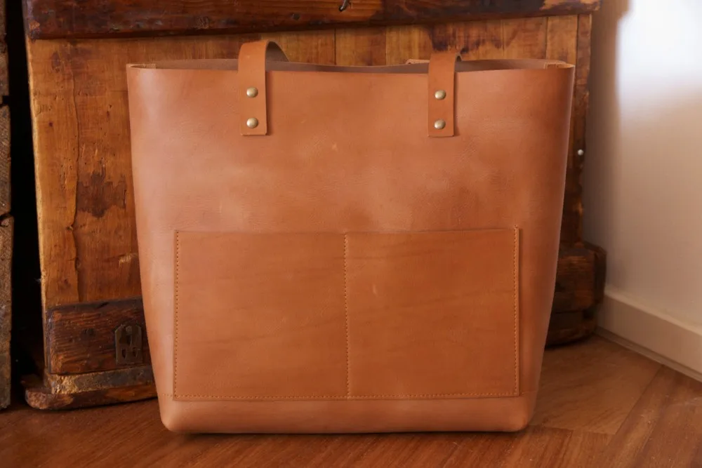 camel color leather tote bag