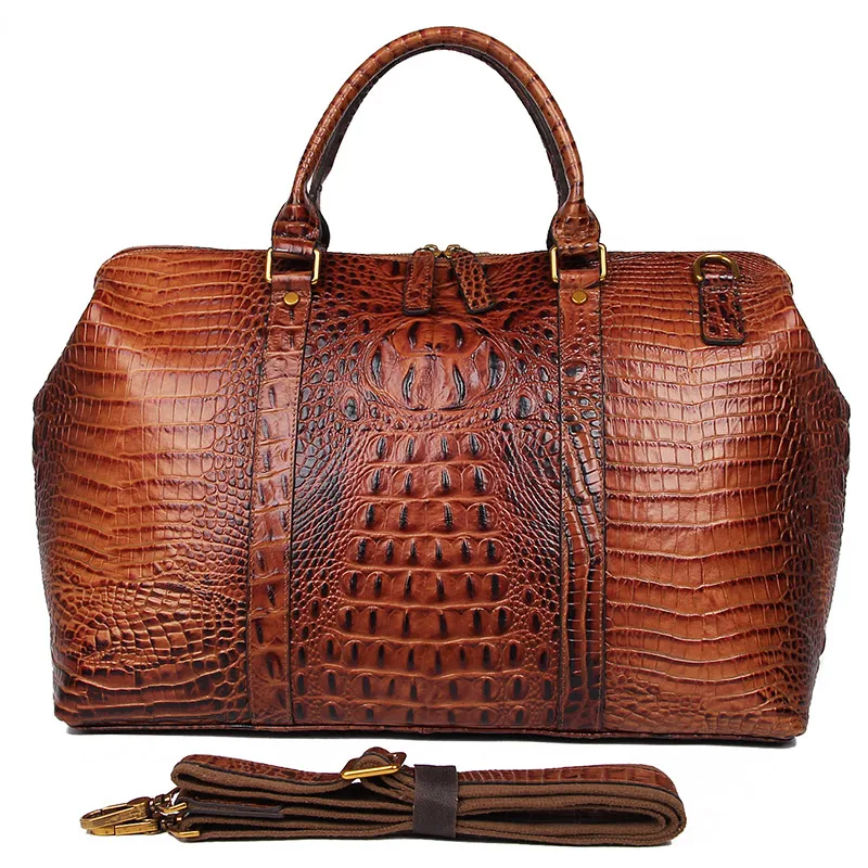 

Genuine Leather Bags Women Handbags Ladies Crocodile Grain Pattern Duffle Bags Unisex Leather Travel Bag for Men 6003B, Brown