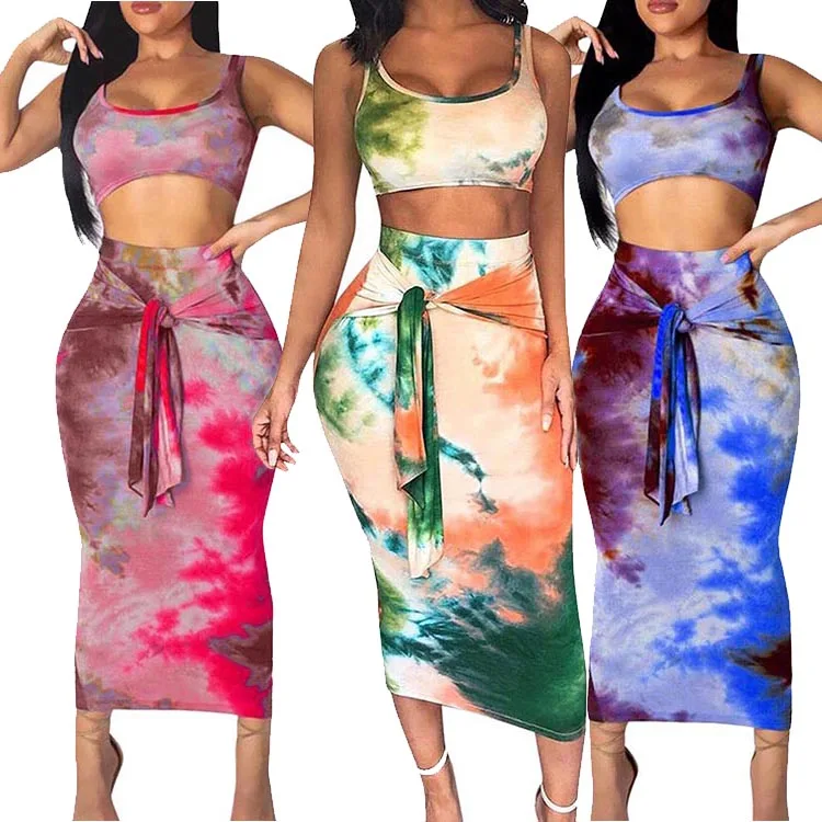 

Tie Dye Print Summer 2 Piece Set Crop Top and High Waist Long Skirt Sexy Club Outfits Matching Sets, Blue;green;red