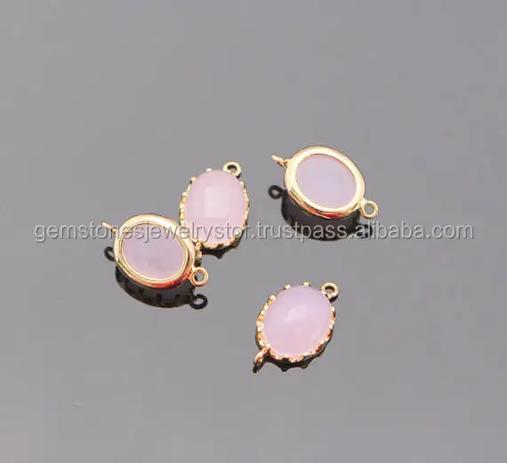 Jewelry Supplies, Gold Oval Glass Drop link connector with 2 loops, Ice Pink framed Glass Stone charm