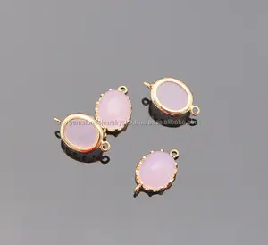 Jewelry Supplies, Gold Oval Glass Drop link connector with 2 loops, Ice Pink framed Glass Stone charm