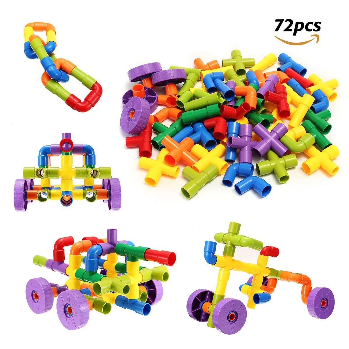 PK-Articles Building Blocks Tube Blocks Set Assembling Toys DIY Pipeline Blocks with Wheels 50 pcs Interlocking Set Construction Building Blocks for Kids