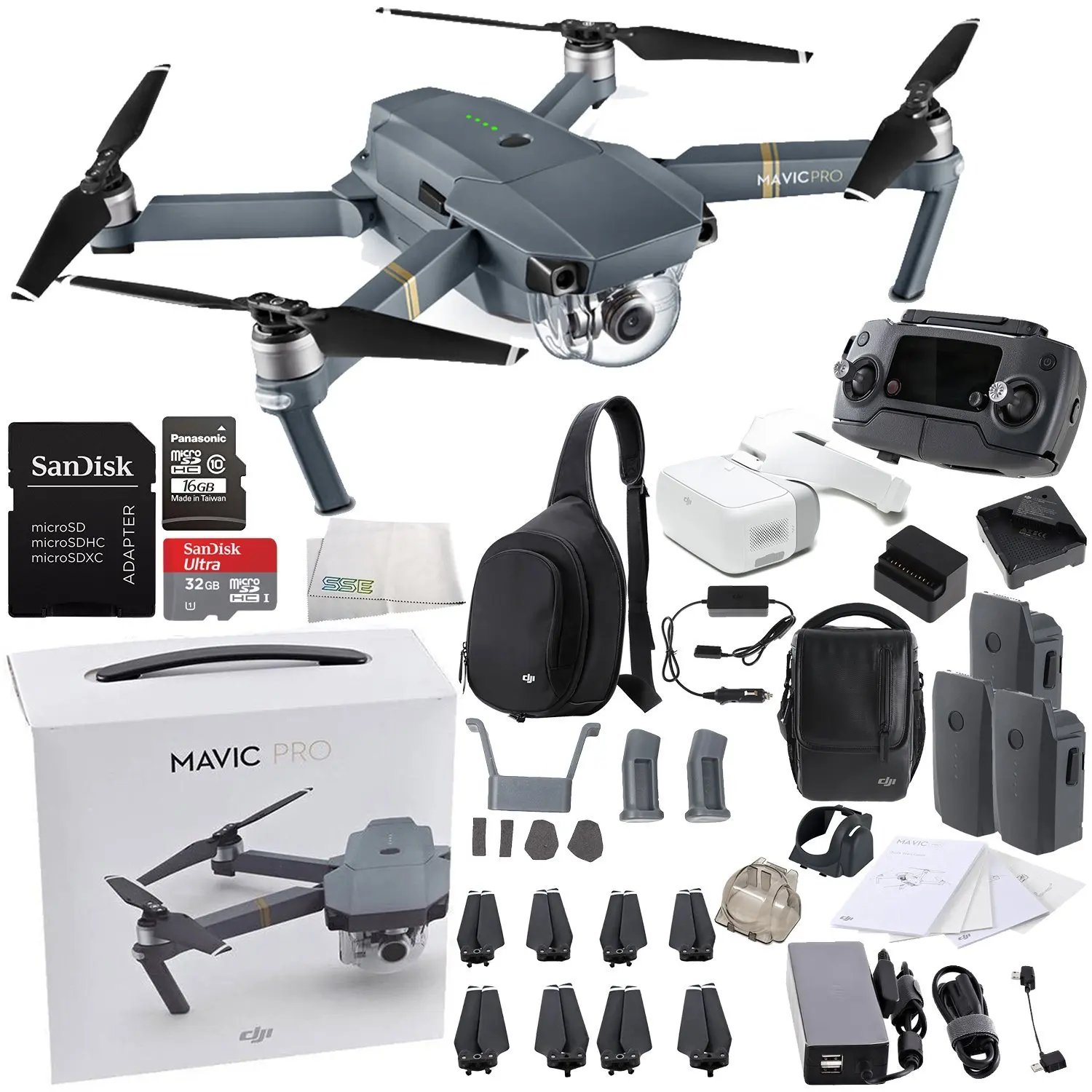 DJI Mavic Pro FLY MORE COMBO Collapsible Quadcopter + DJI Goggles Virtual Reality VR FPV + DJI Sling Bag for Mavic Pro and Goggles POV Experience Starters Bundle