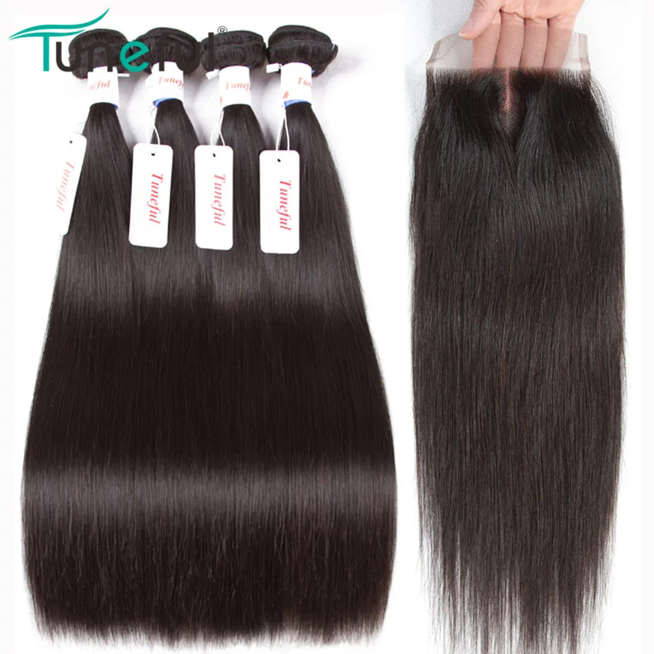

Brazilian Straight Hair 4 Bundles With Closure Tuneful Hair Weft Weave Extensions Non Remy Virgo Human Hair Bundles With Closure, N/a