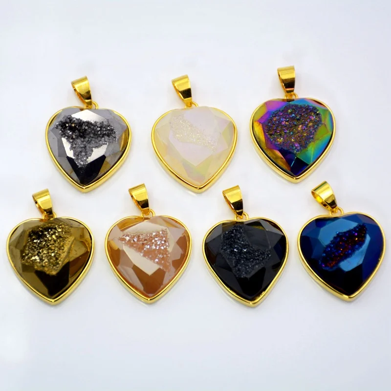 

Heart shape Agate Druzy Geode Pendant multi color druzy stone gold setting drusy jewelry High Quality charms