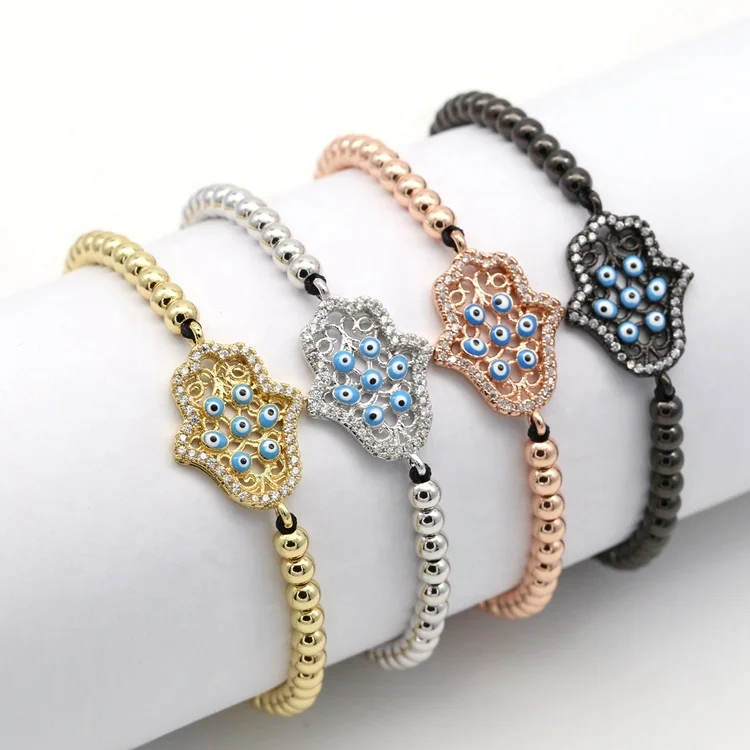 

Hot Sale Turkish Gold Silver Plated Symbols Hamsa Hand Bracelet With Evil Eye, Gold;rose gold;silver and black