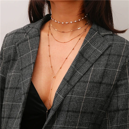 

Fashionable Contracted Street Snap Rhinestone Necklace Long Brass Bead Chain Necklace, Picture shows