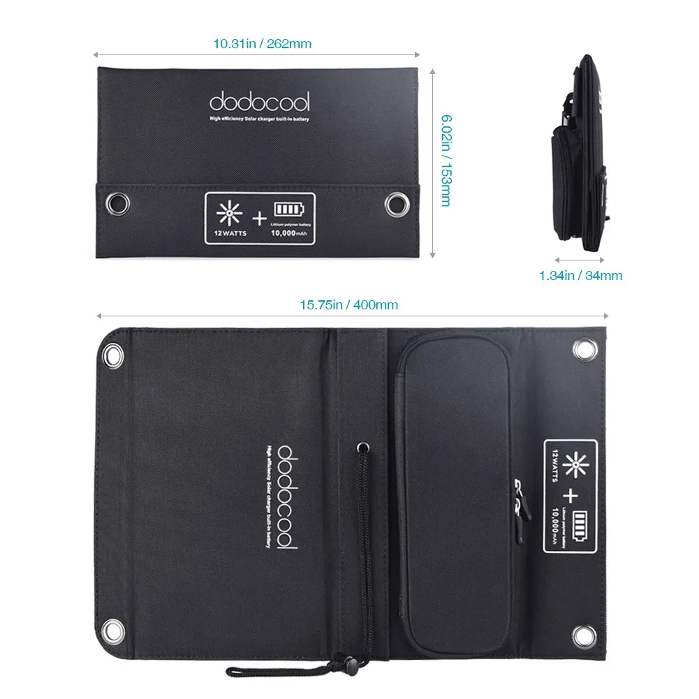 Dodocool Portable Foldable 12w 10000mah Dual Usb Solar Charger Power