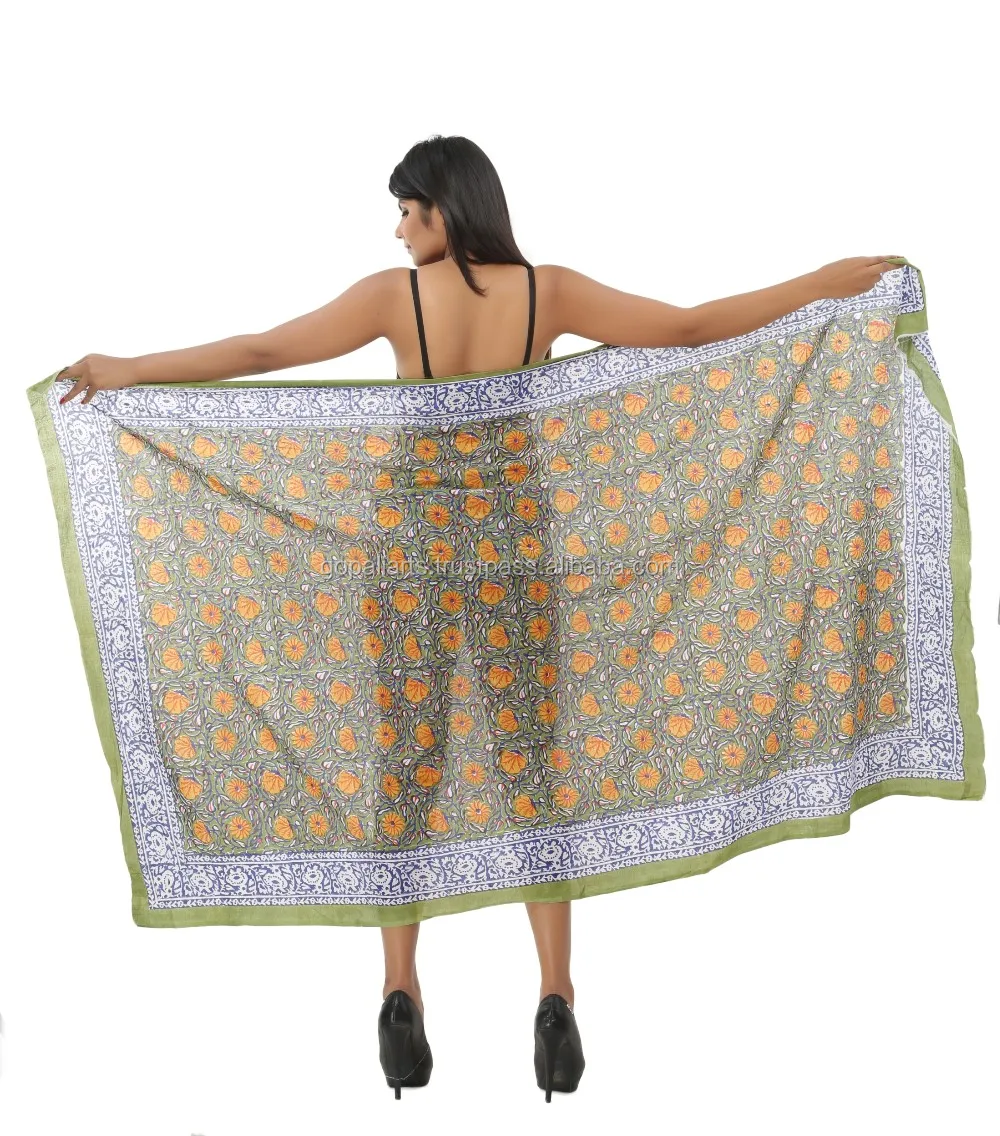 Indian Hand Block Print Large Sarong Beach Pareo Dress Wrap Swimwear Cover Up Home Dress Fashion