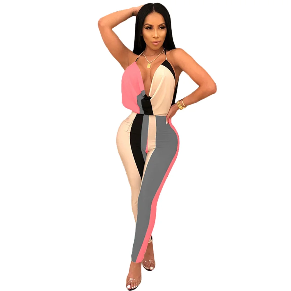 

Multi Jumpsuit Women Sexy Deep V Neck Strappy Backless Lady bodysuit High Waist Rompers New Club Party, N/a