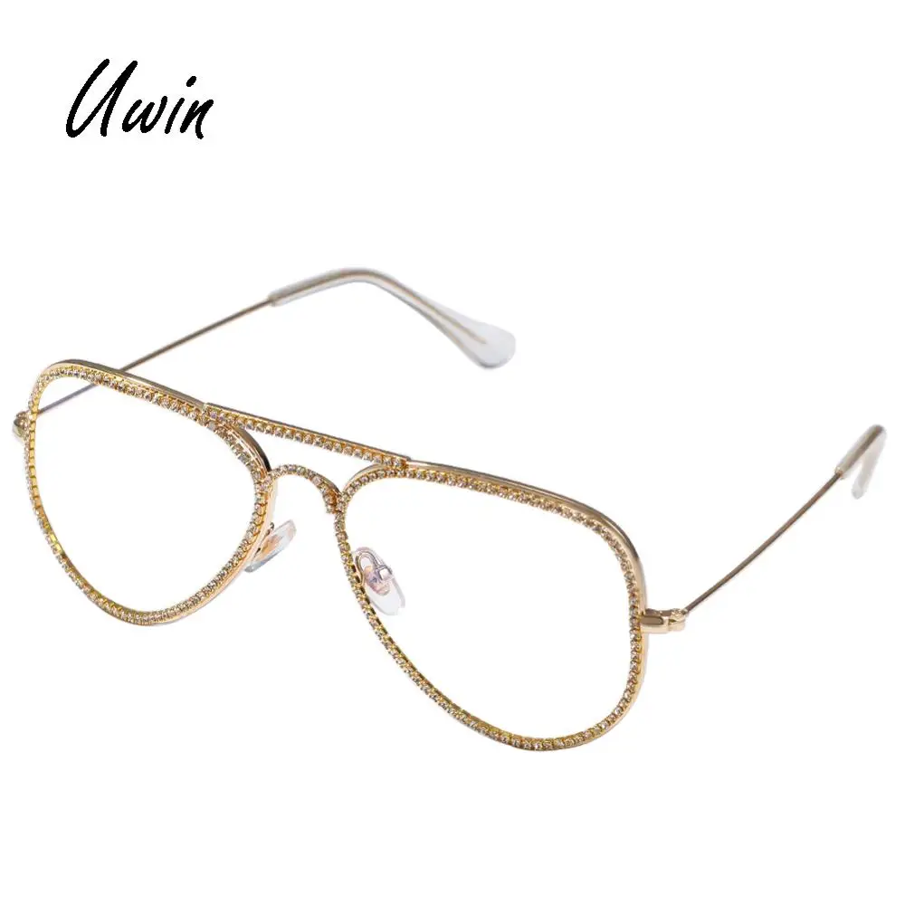 

UWIN Hip Hop Iced Out Bling Bling Eye Glasses Women Men Eyewears Luxury Eyeglasses Rapper Jewelry, As pictures