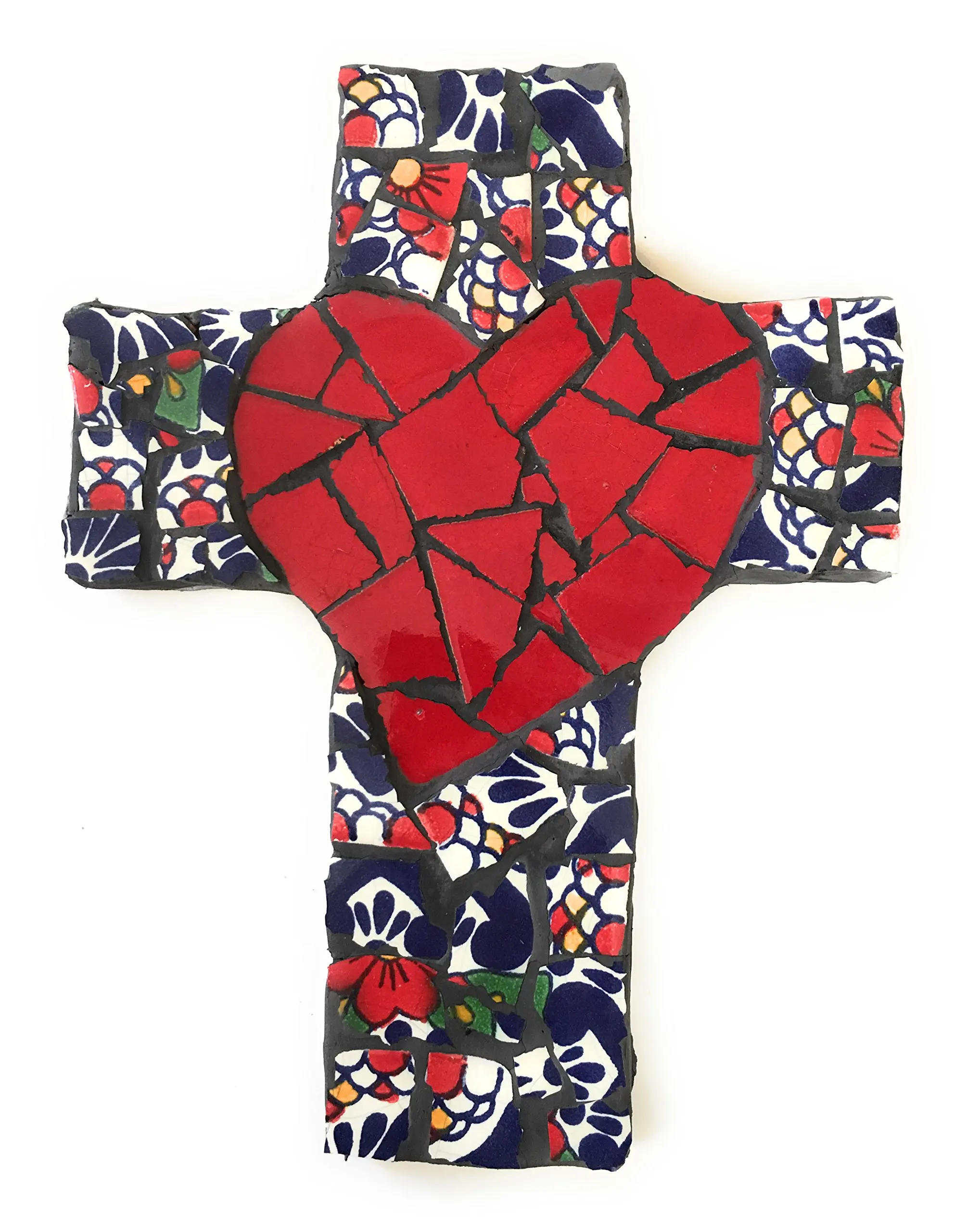 Mexican Tile Talavera Wall Cross 9 inch X 6 inch Handcrafted Mosaic Red Heart with Multi colored Mexican Ceramic tile,