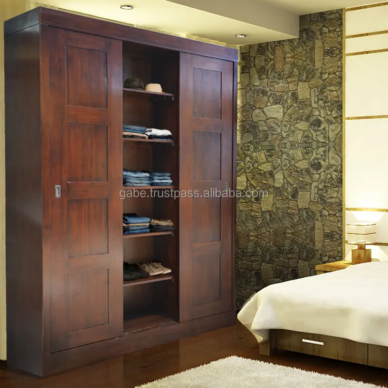 Bed Room Furniture Solid Teak Wood Armoire Dresser Sliding 3 Door