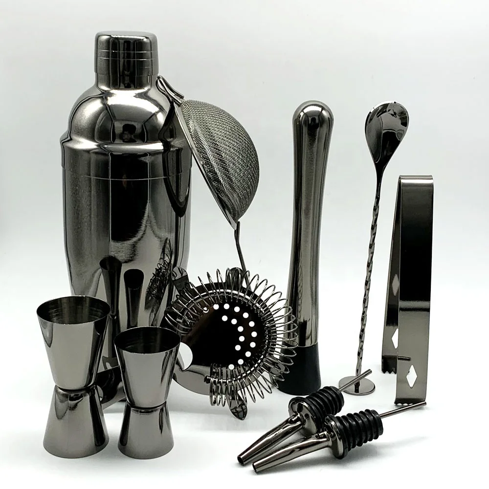 
High Quality Unique Custom Logo Perfect Home Bar Gun Metal Shine Matt Black color plated Stainless Steel Cocktail Shaker set 