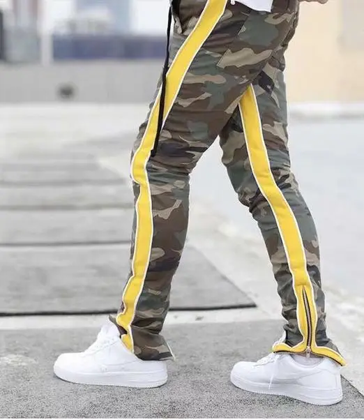 camo pants with yellow stripe