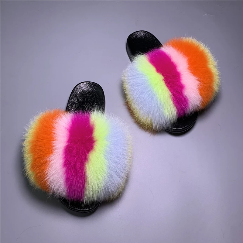 

Hot Women Flip Flops Real Fox Fur Slippers Fluffy Fur Slides Flat Ladies Casual Beach Sandals Cute Indoor Slippers