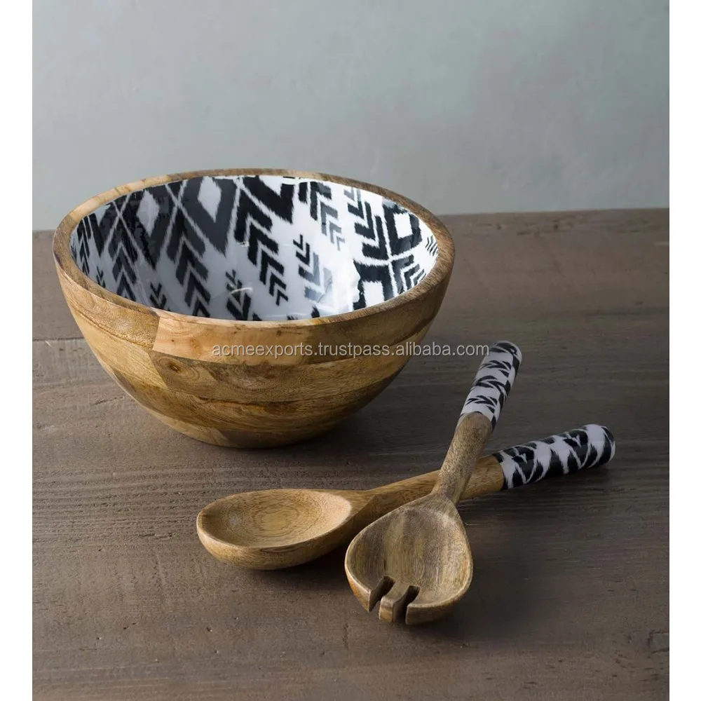 Acacia Wood Enamel Wooden Salad Bowl With Salad Server Fork And Spoon