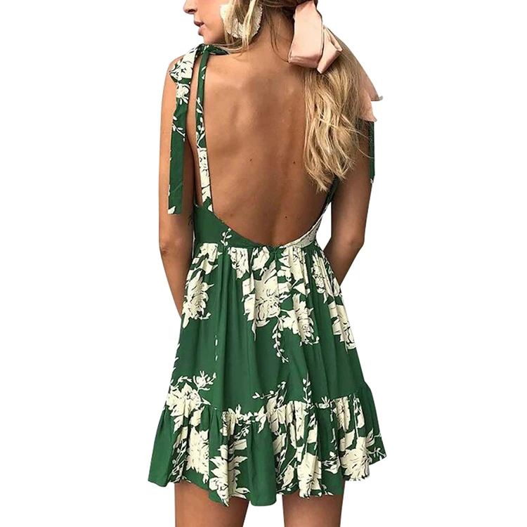2018 Summer Fashion Sexy Mini Backless Floral Printrd Beach Dress Girls