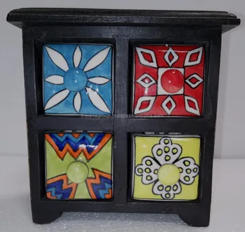 Natural Finish Hand Painted 4 Drawer Wooden Ceramic Spices Box