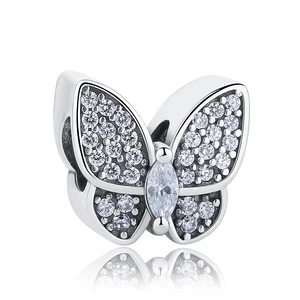 High Quality 925 Sterling Silver Charm Butterfly Shape Charm with Clear Zircon fit Original Bracelets DIY Fashion Jewelry Making