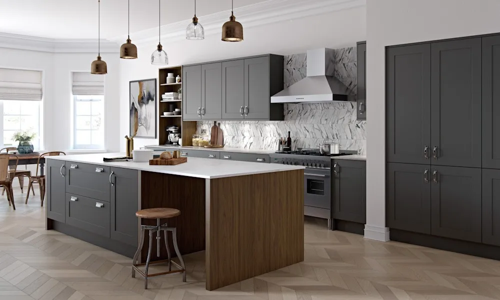 Vintage Design Soft Touch Dark Grey Kitchen Cabinet With Island