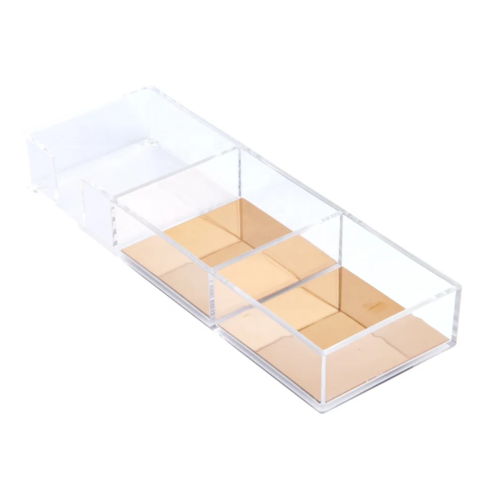 

Office small stationaries tidy organizing Acrylic memo sticky note holder with 3 divided, Clear + gold bottom