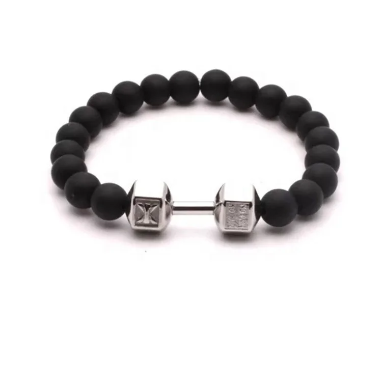 

Men's dumbbell beaded bracelet Black natual onyx charm bracelet 316l stainless steel gold dumbbell bracelet