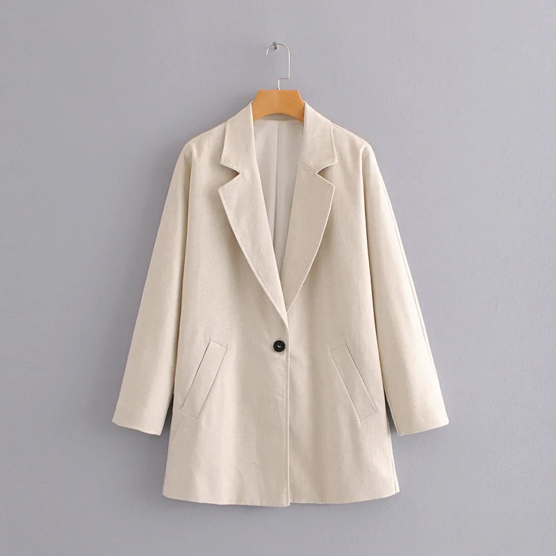 

Casual solid color one button loose clothing blazer jacket for women, Beige