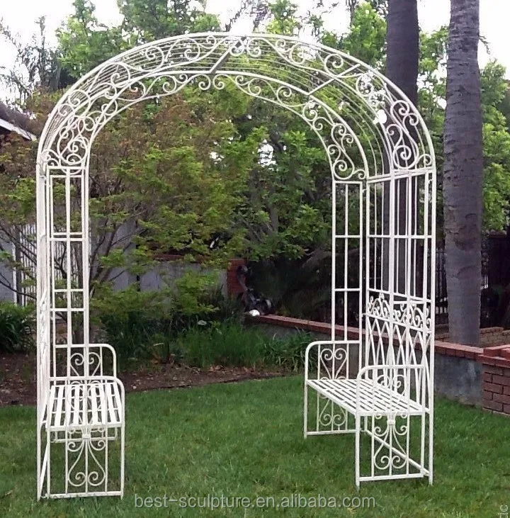 Metal Ornamental White Arch Wrought Iron Garden Arbor With Seats For