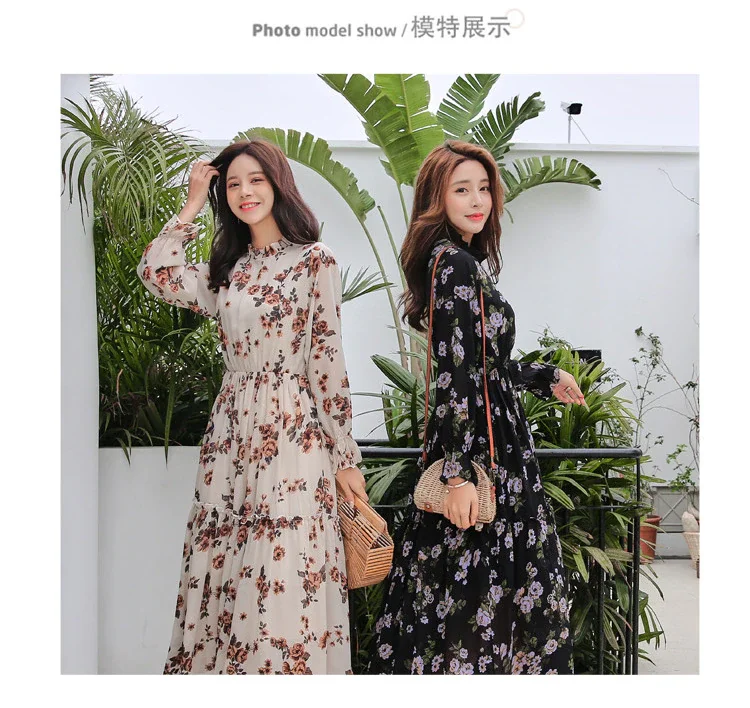 

Spring new temperament ruffles collar chiffon print slim waist dress long bohemian dress