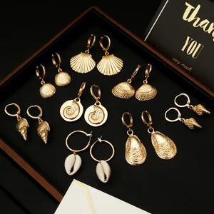 Natural Shell Alloy Earrings Gold Bohemian Stars Summer Conch Sea Shell Drop Seashell Earrings 2