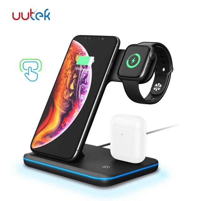 

UUTEK Z5 Whole Sale 3in1 Universal Wireless Fast Charger For cellphone smart watch earphone charging with LED pedestal